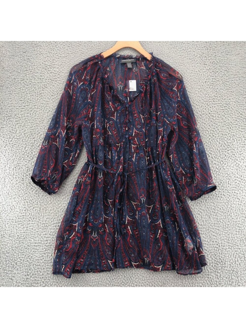 A Pea In The Pod Blouse Women Medium Maternity Navy Blue Red Paisley Boho Sheer
